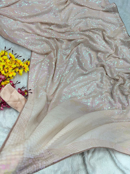 CHERRY PINK COLOR HANDCRAFTED SEQUINS EMBROIDERY WORK SAREE