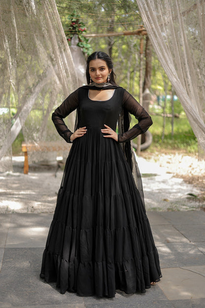 BLACK COLOR BLOOMING DESIGNER EMBROIDERED ANARKALI GOWN WITH CUT WORK DUPATTA