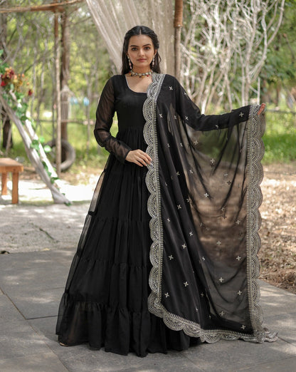 BLACK COLOR BLOOMING DESIGNER EMBROIDERED ANARKALI GOWN WITH CUT WORK DUPATTA