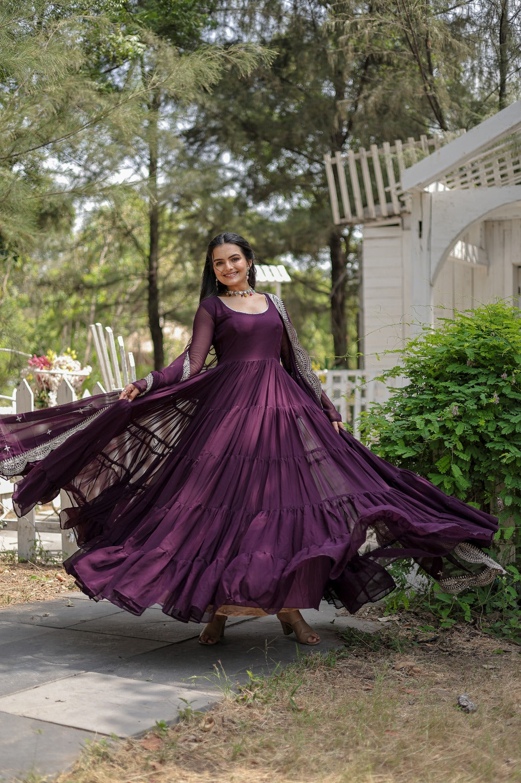 WINE COLOR BLOOMING DESIGNER EMBROIDERED ANARKALI GOWN WITH CUT WORK DUPATTA
