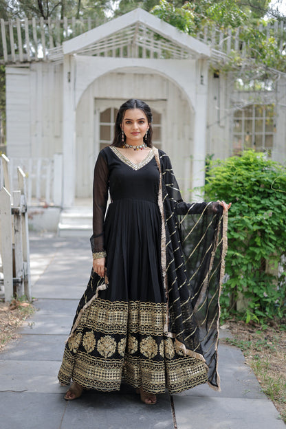 BLACK COLOR DESIGNER SPARKLING FULLY STITCHED ANARKALI GOWN WITH DUPATTA