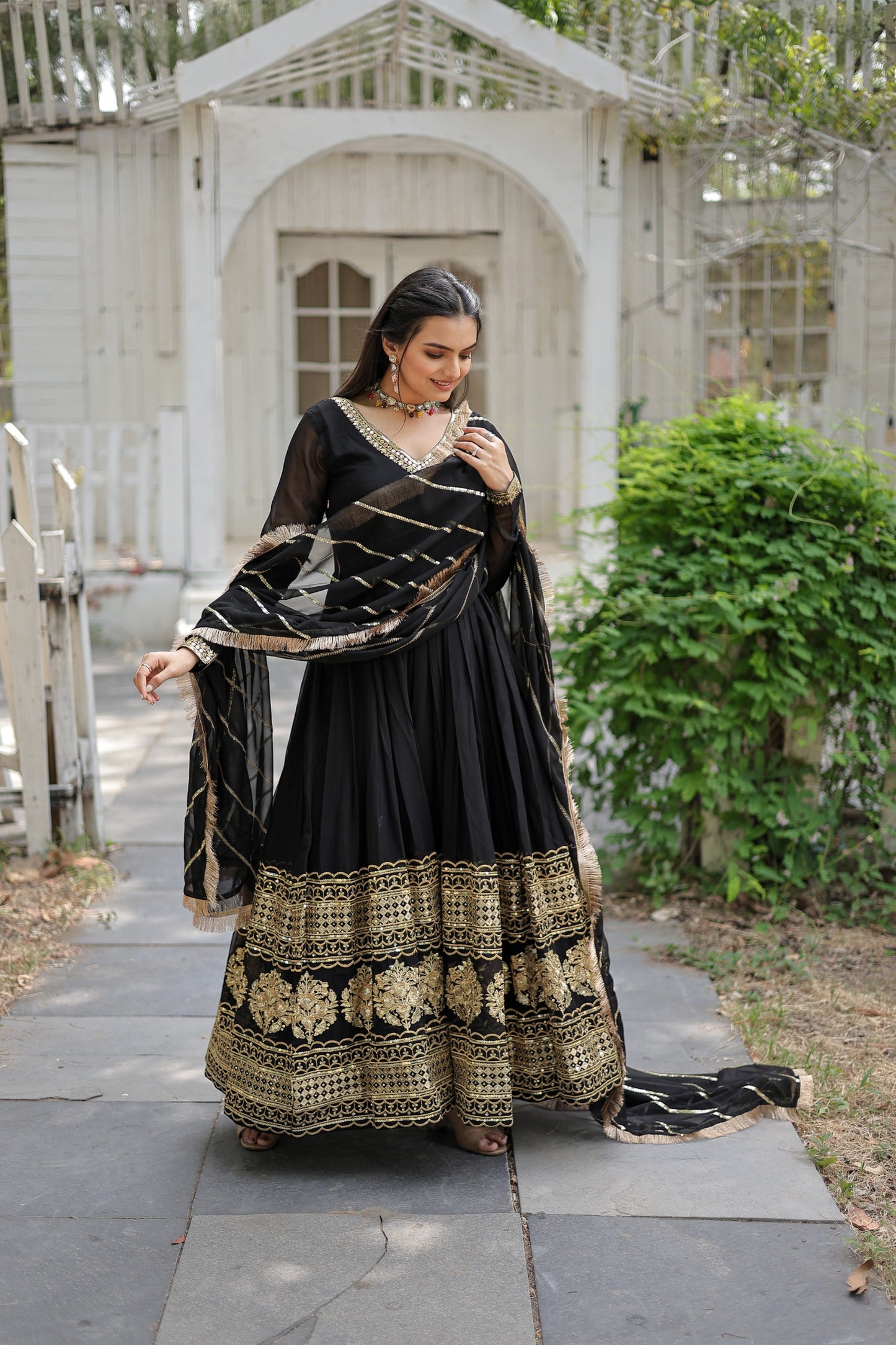 BLACK COLOR DESIGNER SPARKLING FULLY STITCHED ANARKALI GOWN WITH DUPATTA