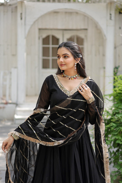 BLACK COLOR DESIGNER SPARKLING FULLY STITCHED ANARKALI GOWN WITH DUPATTA
