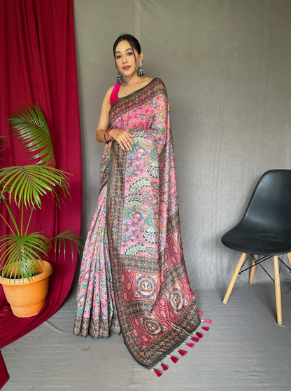 PINK COLOR KALAMKARI PRINT MALAI COTTON SAREE