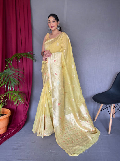 EXCLUSIVE MEENA WORK YELLOW COLOR PURE LINEN SILK SAREE