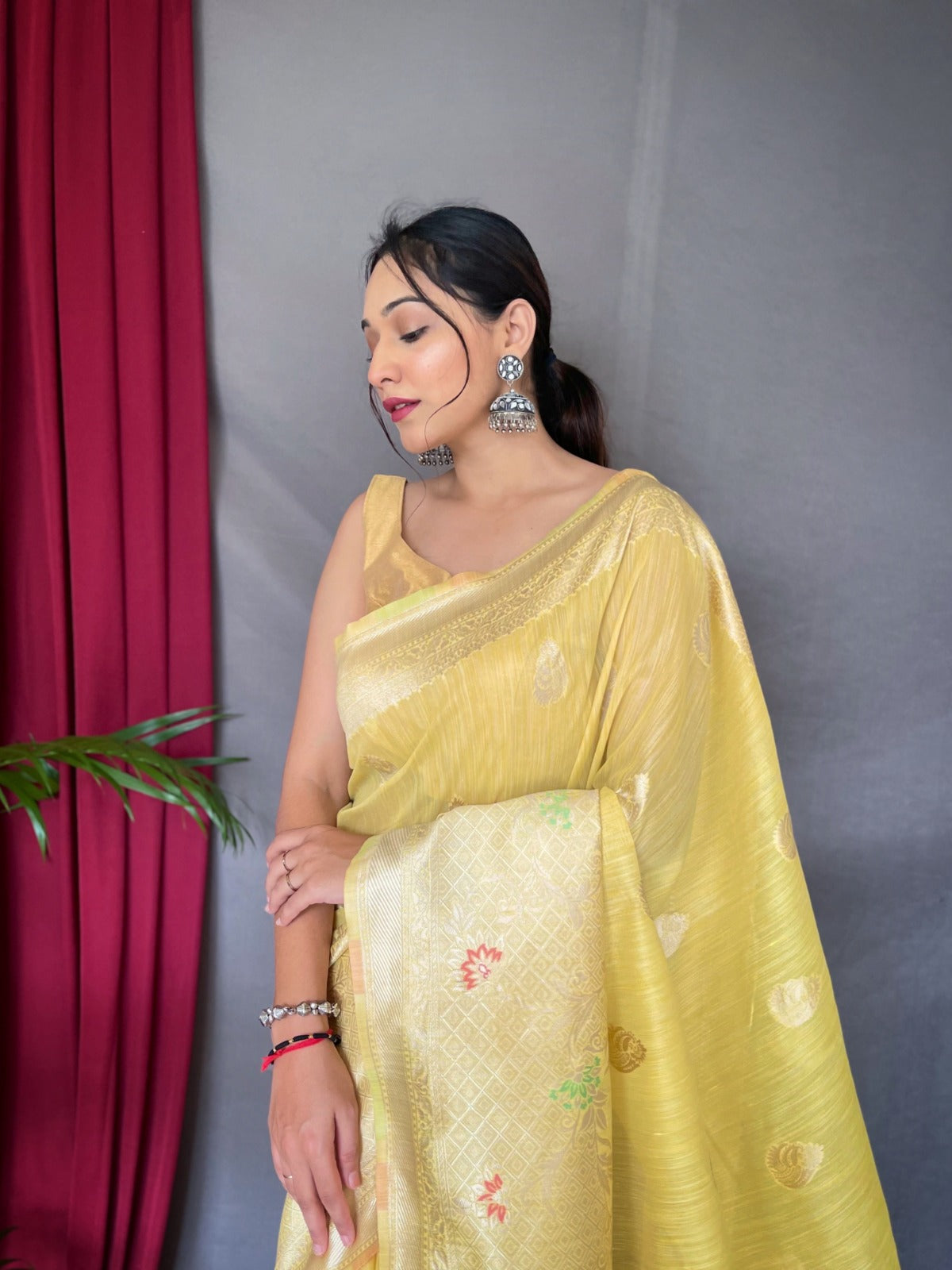 EXCLUSIVE MEENA WORK YELLOW COLOR PURE LINEN SILK SAREE