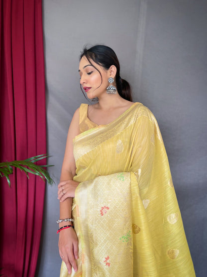 EXCLUSIVE MEENA WORK YELLOW COLOR PURE LINEN SILK SAREE