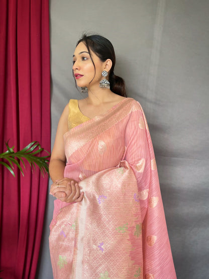 EXCLUSIVE MEENA WORK YELLOW COLOR PURE LINEN SILK SAREE