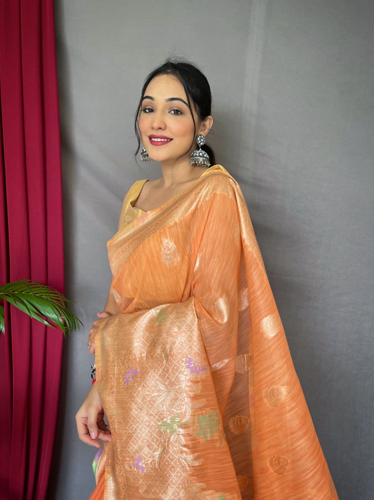 EXCLUSIVE MEENA WORK YELLOW COLOR PURE LINEN SILK SAREE