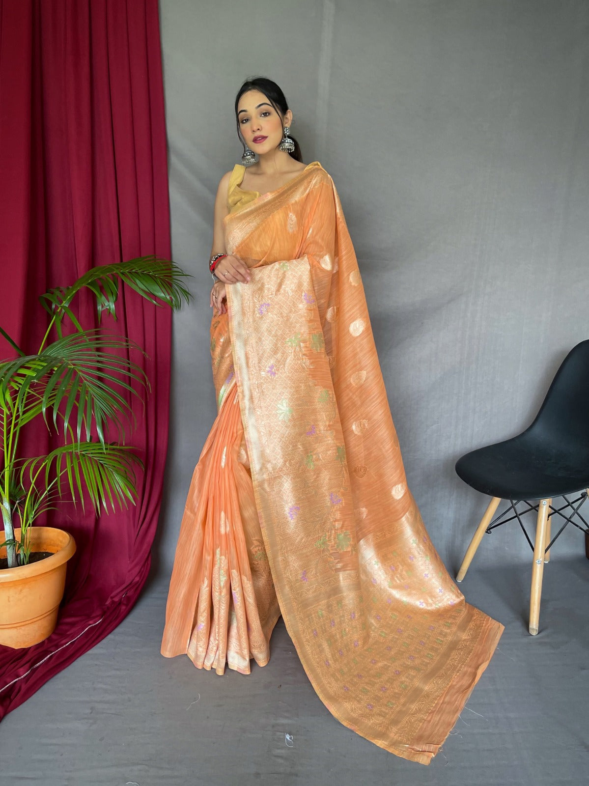 EXCLUSIVE MEENA WORK YELLOW COLOR PURE LINEN SILK SAREE