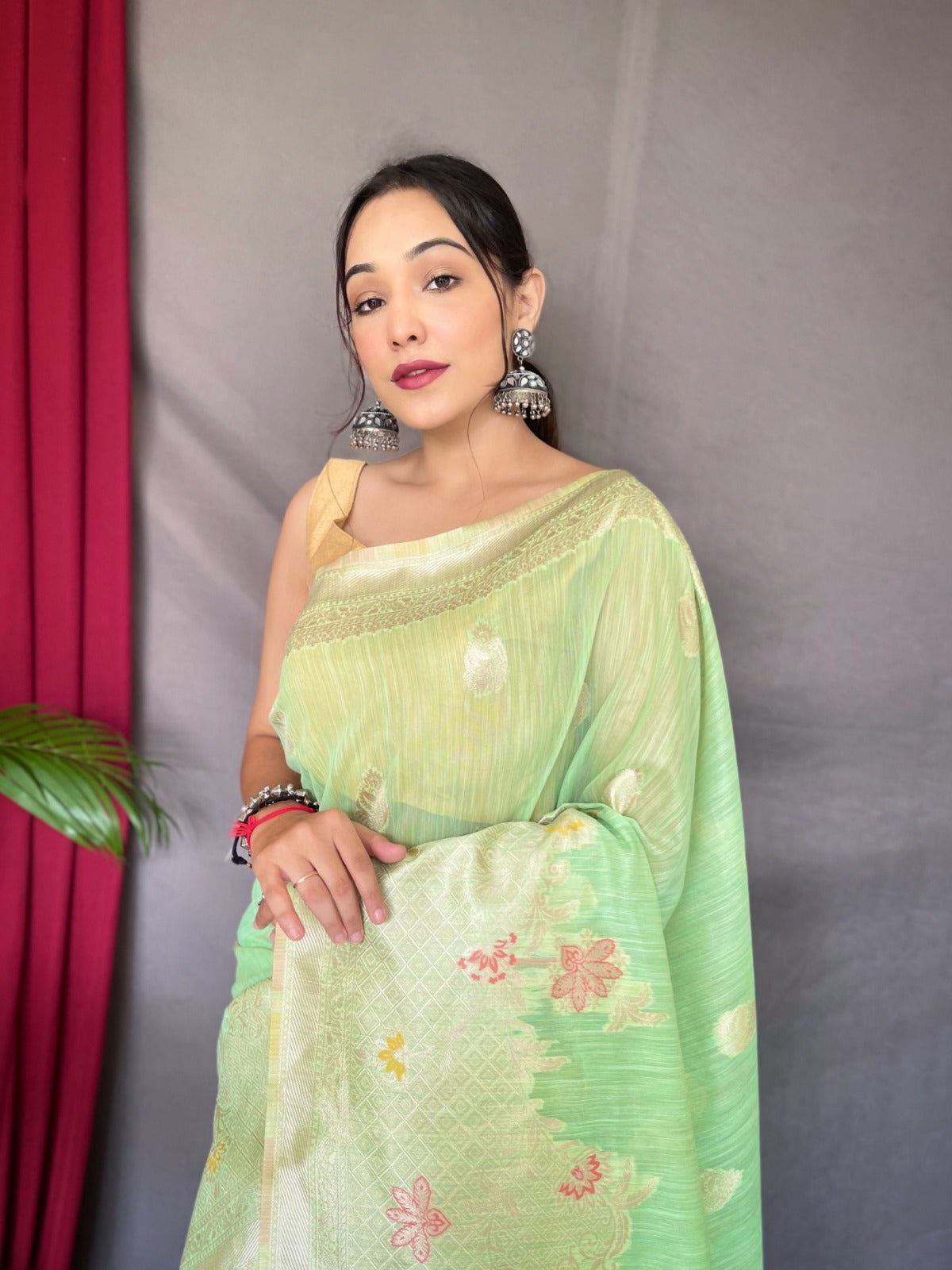 EXCLUSIVE MEENA WORK YELLOW COLOR PURE LINEN SILK SAREE