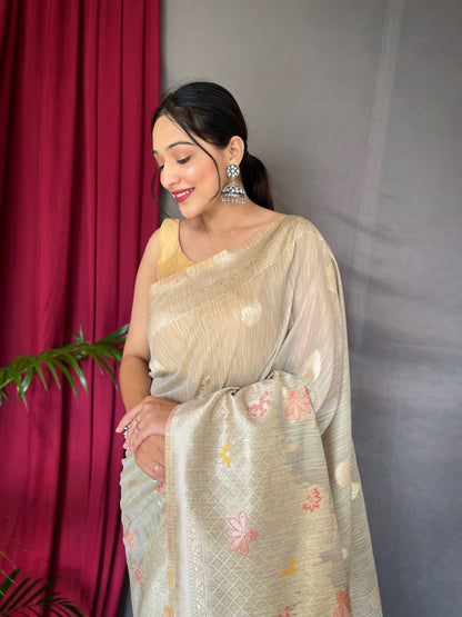 EXCLUSIVE MEENA WORK YELLOW COLOR PURE LINEN SILK SAREE