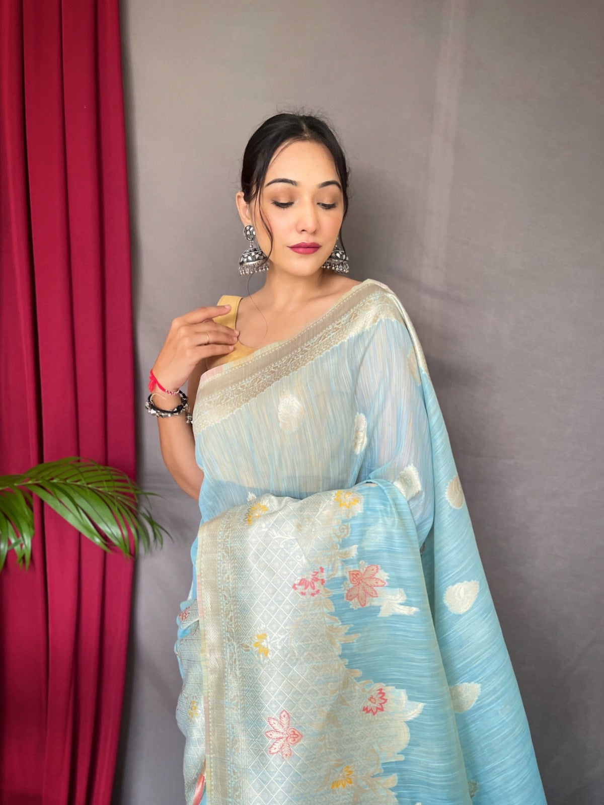 EXCLUSIVE MEENA WORK YELLOW COLOR PURE LINEN SILK SAREE