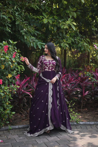 EMPRESS PURPLE JACQUARD VISCOSE WITH SOFT GEORGETTE ANARKALI GOWN WITTTH DUPATTA