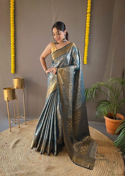 DIFFERENT ZARI WEAVING WITH KANCHIPURAM SILK  GREEN COLOR SAREE