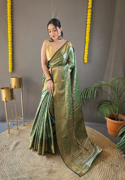 DIFFERENT ZARI WEAVING WITH KANCHIPURAM SILK  GREEN COLOR SAREE