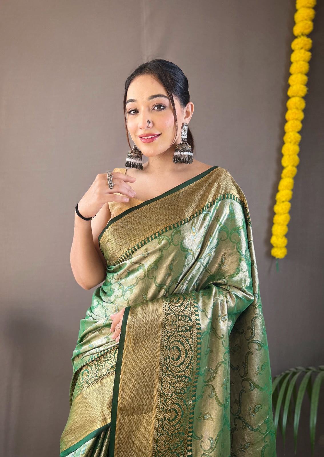 DIFFERENT ZARI WEAVING WITH KANCHIPURAM SILK  GREEN COLOR SAREE