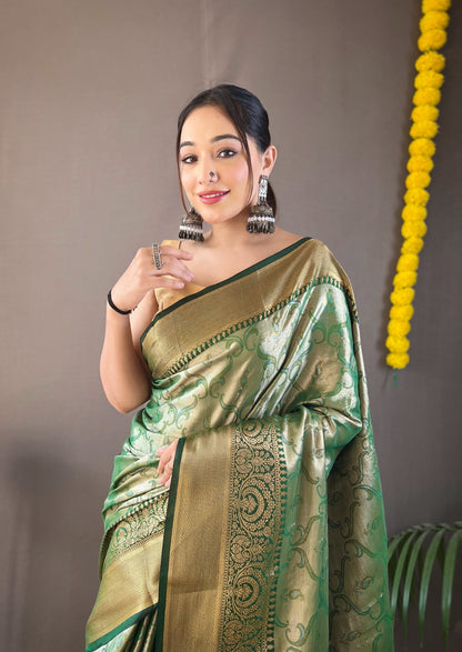 DIFFERENT ZARI WEAVING WITH KANCHIPURAM SILK  GREEN COLOR SAREE