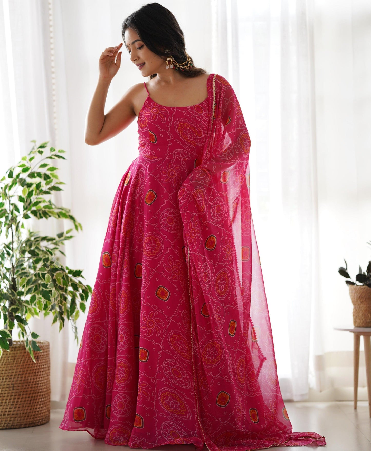 SOFT LIGHT WEIGHT CHIFFON GREEN BANDHANI PRINT ANARKALI 3PC KURTA SET