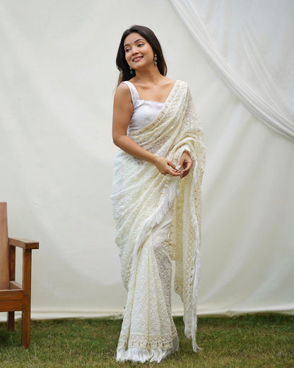 WHITE COLOR  GEORGETTE WITH SEQUENCE MULTI THREAD SAREE