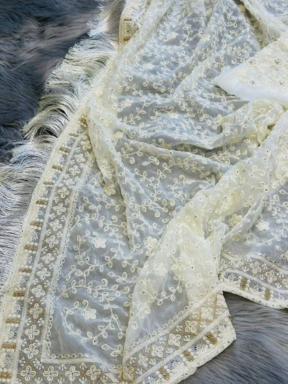 WHITE COLOR  GEORGETTE WITH SEQUENCE MULTI THREAD SAREE