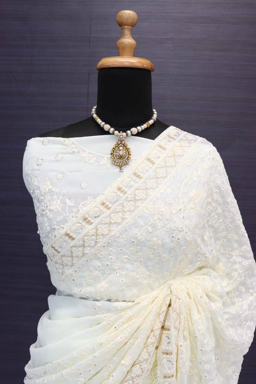 WHITE COLOR  GEORGETTE WITH SEQUENCE MULTI THREAD SAREE