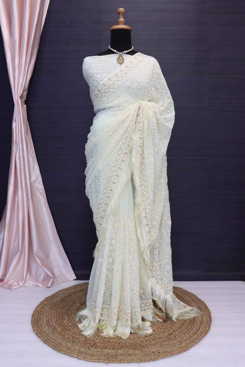 WHITE COLOR  GEORGETTE WITH SEQUENCE MULTI THREAD SAREE
