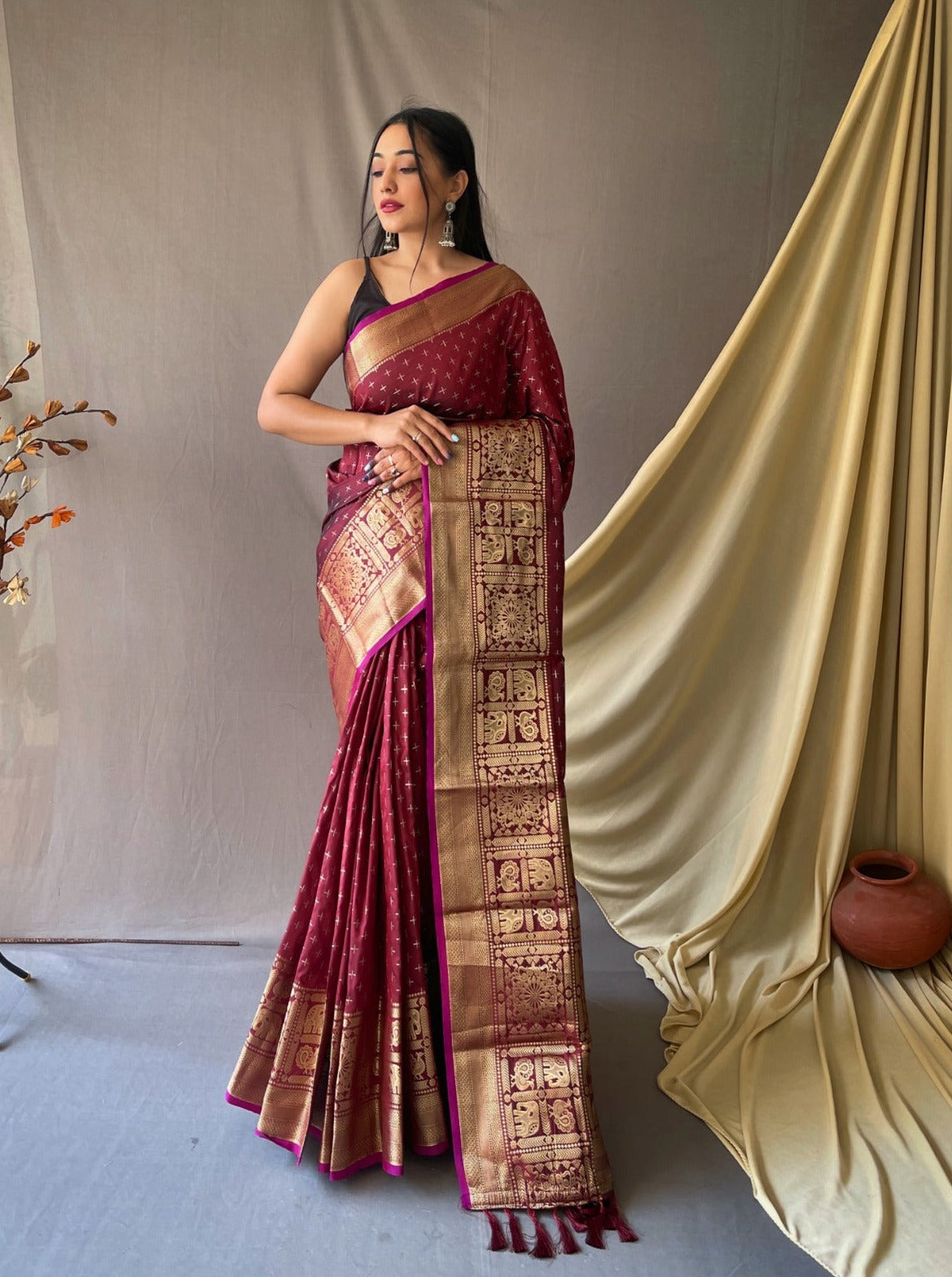 MAROON COLOR HEAVY JACQUARD & SMALL MOTIFS SILK SAREE