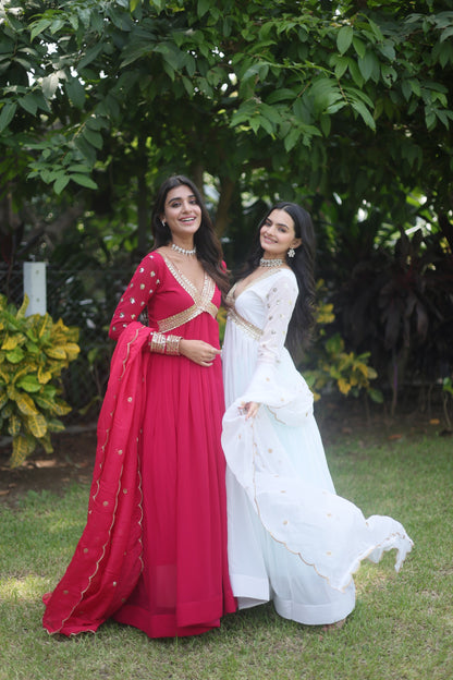 RANI PINK RUSSIAN SILK ZARI SEQUINS ANARKALI GOWN WITH CUT WORK DUPATTA