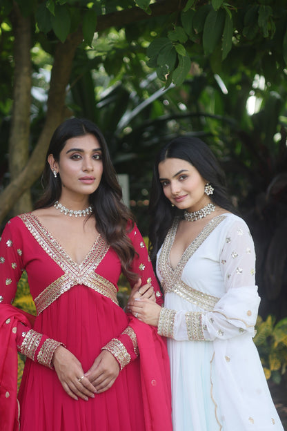 RANI PINK RUSSIAN SILK ZARI SEQUINS ANARKALI GOWN WITH CUT WORK DUPATTA