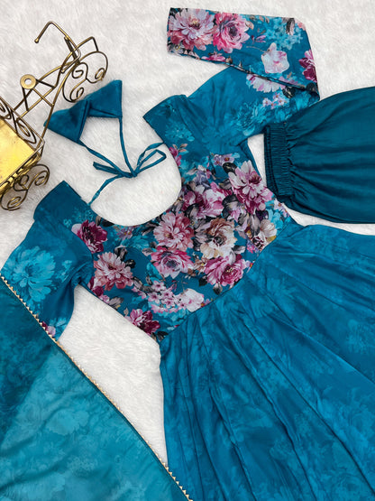 RAMA COLOR KALI CUT ORGANJA SILK PRINT ANARKALI 3PC KURTA SET