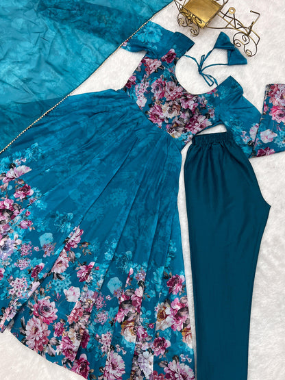 RAMA COLOR KALI CUT ORGANJA SILK PRINT ANARKALI 3PC KURTA SET