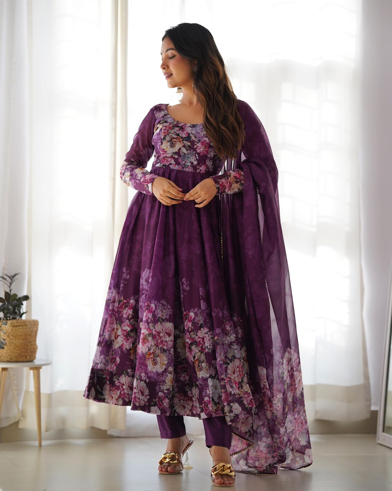 DEEP PURPLE PURE SOFT ORGANJA SILK PRINT ANARKALI 3PC KURTA SET