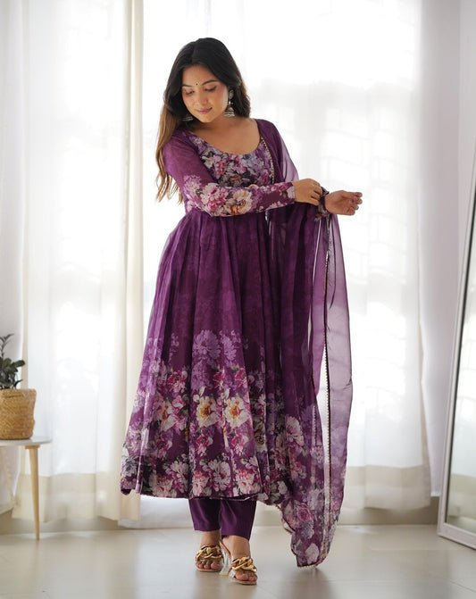 DEEP PURPLE PURE SOFT ORGANJA SILK PRINT ANARKALI 3PC KURTA SET