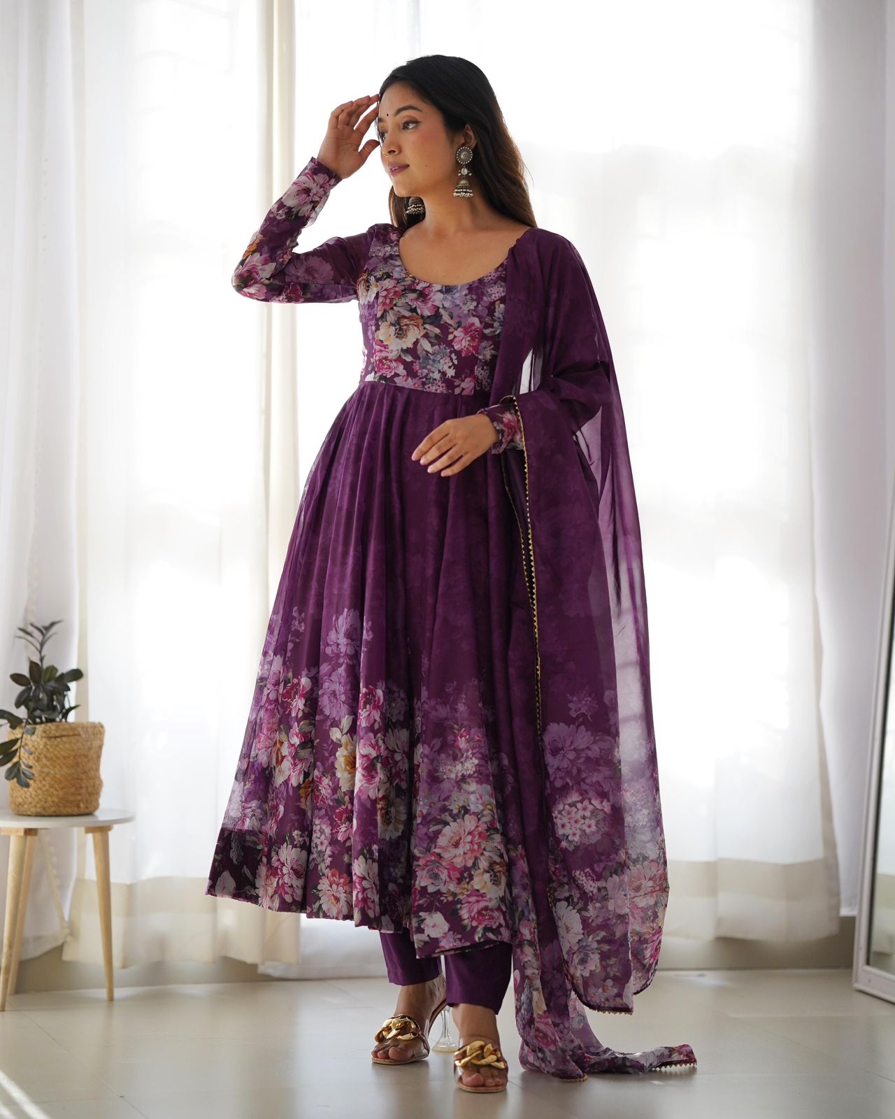 DEEP PURPLE PURE SOFT ORGANJA SILK PRINT ANARKALI 3PC KURTA SET