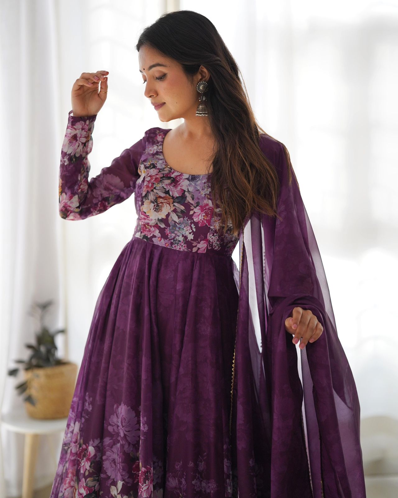 DEEP PURPLE PURE SOFT ORGANJA SILK PRINT ANARKALI 3PC KURTA SET