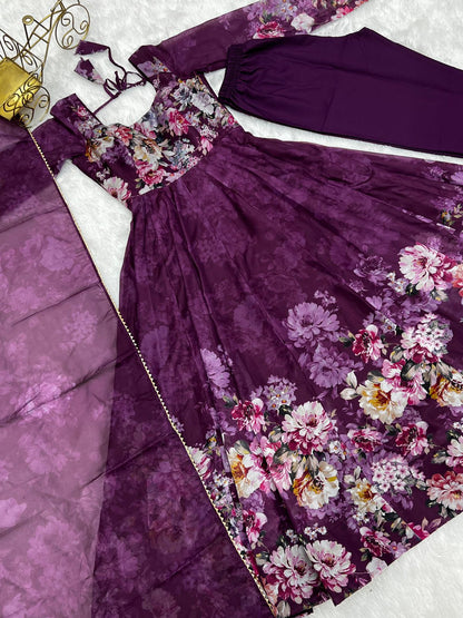 DEEP PURPLE PURE SOFT ORGANJA SILK PRINT ANARKALI 3PC KURTA SET