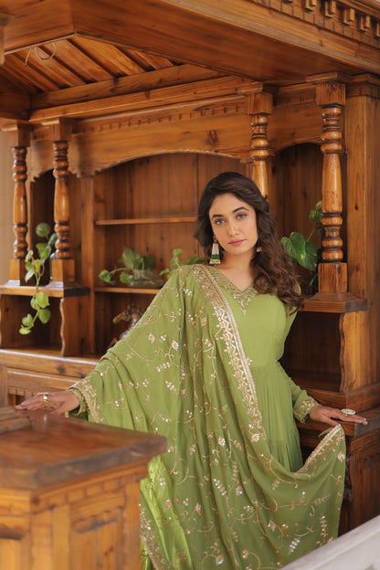 PESTALGREEN FAUX GEORGETTE WITH EMBROIDERY WORK ANARKALI GOWN WITH DUPATTA