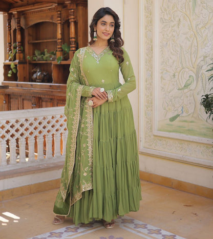 PESTALGREEN FAUX GEORGETTE WITH EMBROIDERY WORK ANARKALI GOWN WITH DUPATTA