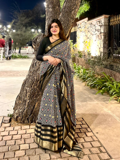 BLACK COLOR MULTIPLE JACQUARD WEAVING BORDER  SOFT DOLA SILK  SAREES