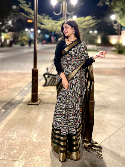 BLACK COLOR MULTIPLE JACQUARD WEAVING BORDER  SOFT DOLA SILK  SAREES