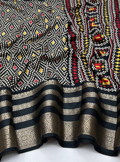 BLACK COLOR MULTIPLE JACQUARD WEAVING BORDER  SOFT DOLA SILK  SAREES