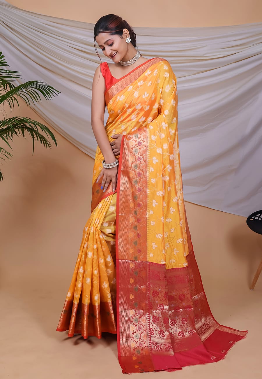 YELLOW COLOR ORGANJA   WEAVING WITH MEENAKARI JACQUARD BORDER SILK SAREE