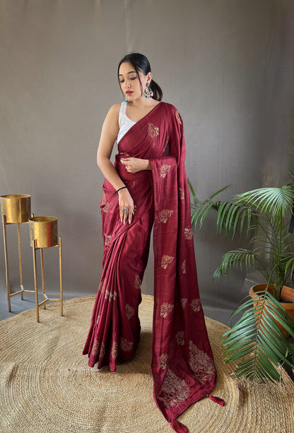MAROON COLOR ZARI BASED EMBROIDRY AND PIPING SILK SAREE