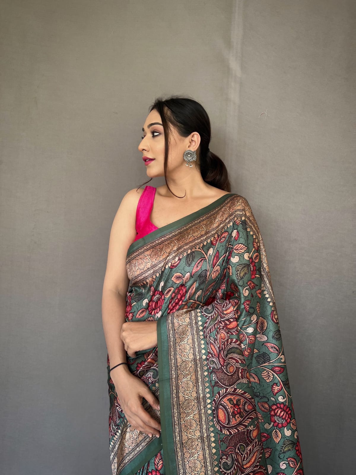 TAN BROWN COLOR SOFT SILK WITH KALAMKARI FUSION PRINT SAREE