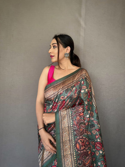 TAN BROWN COLOR SOFT SILK WITH KALAMKARI FUSION PRINT SAREE