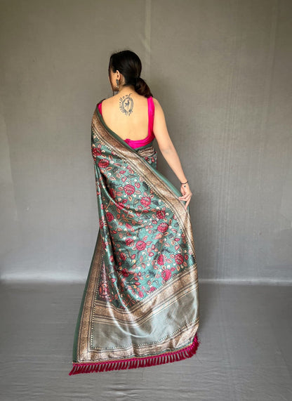 TAN BROWN COLOR SOFT SILK WITH KALAMKARI FUSION PRINT SAREE