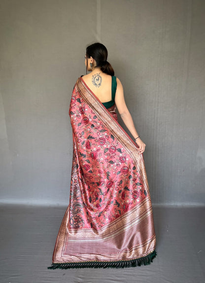 TAN BROWN COLOR SOFT SILK WITH KALAMKARI FUSION PRINT SAREE