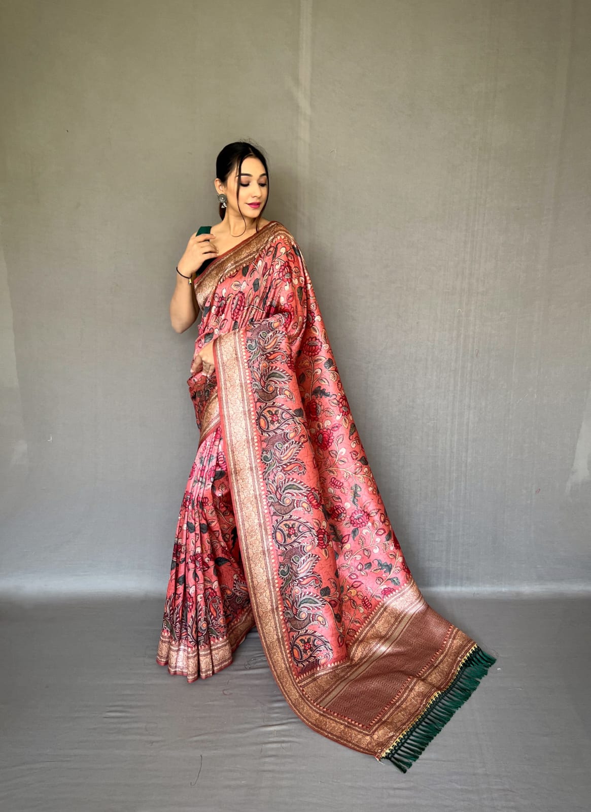 TAN BROWN COLOR SOFT SILK WITH KALAMKARI FUSION PRINT SAREE