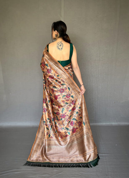 TAN BROWN COLOR SOFT SILK WITH KALAMKARI FUSION PRINT SAREE